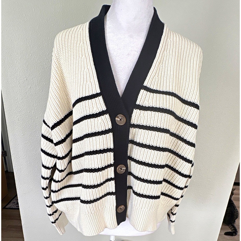 Quince Women's V-Neck Striped Fisherman's Cardigan Sweater, Organic Cotton, M